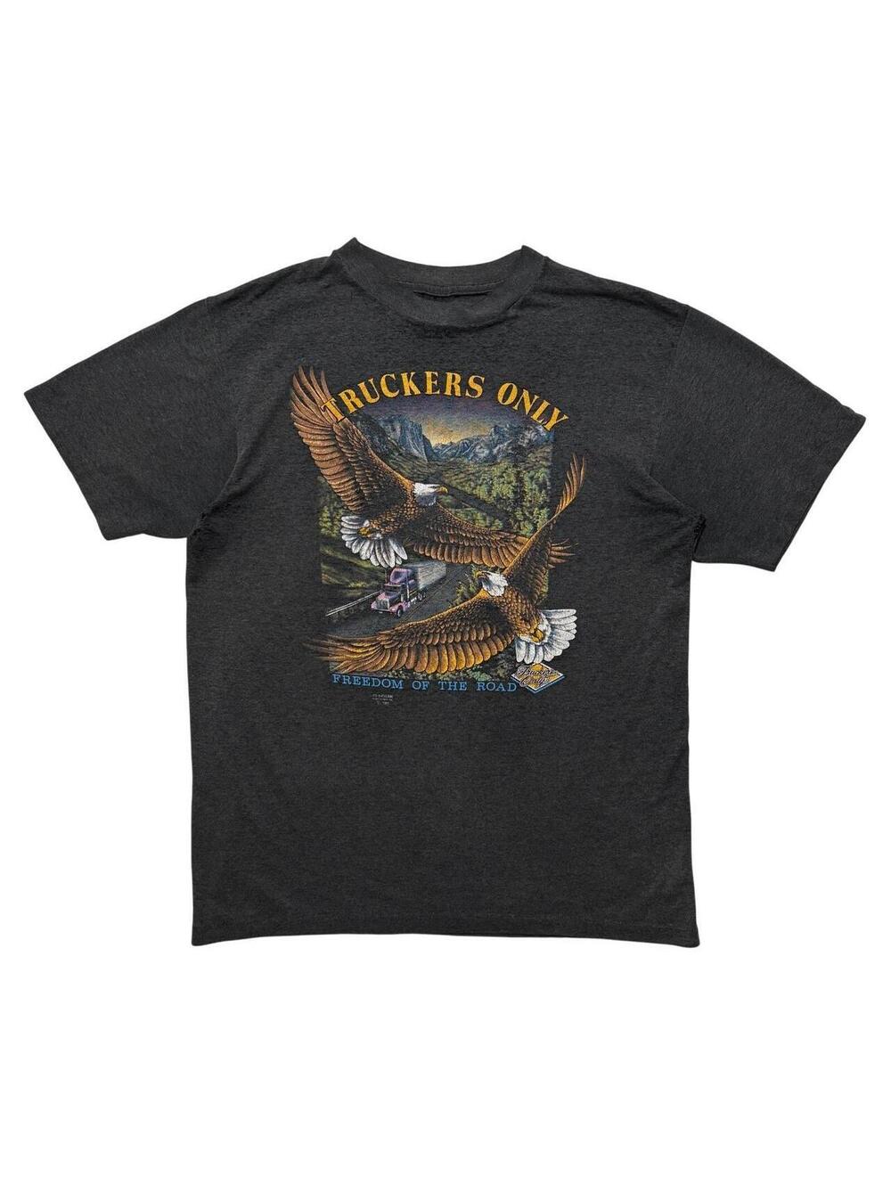 VTG 80s 3D Emblem Truckers Only Freedom Of The Road T-Shirt Mens XL Black 50/50